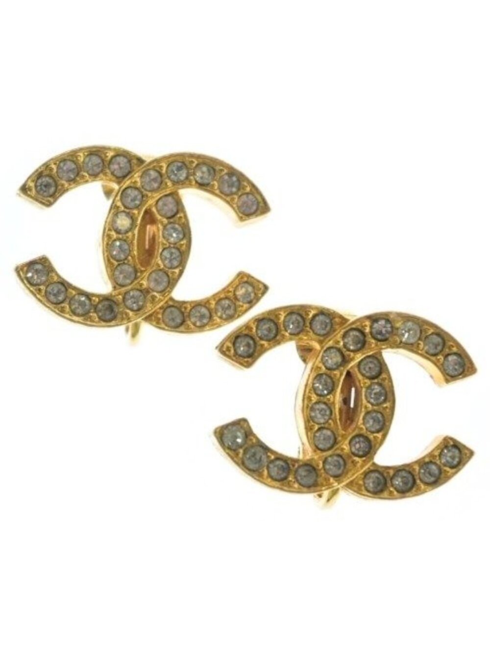 Chanel Vintage CC Logo Rhinestone Earrings Gold